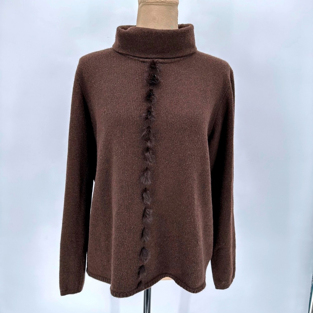 Donna Italy Brown Cashmere Angora Wool Blend Fur Trim Turtleneck Sweater